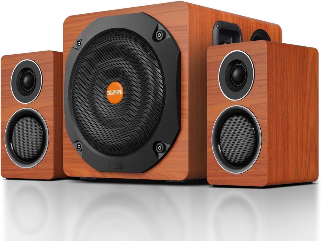 Computer Speakers with Subwoofer, 2.1 Gaming Speaker System for Desktop PC, 100W RMS, 6.5" Deep Bass, Bluetooth 5.3, AUX/RCA/Optical/Coaxial, Surround Sound for PC/Monitor/TV - Brown