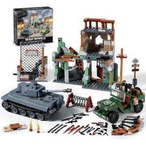 WW2 Military Base Building Sets Compatible with Lego - Build & Play with German Tiger Tank, US Willys MB Vehicle, Bombed House, Action-Packed Army Toys Model Kit for Kids, Teens & Adults