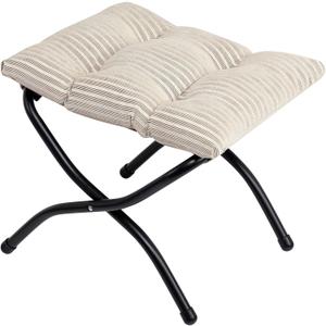 HollyHOME 15"(H) Folding Footrest Stool, Upholstered Small Foldable Ottoman, Accent Padded Sofa Foot Stool for Lazy Chair, Metal Frame Portable Foot Rest Ottoman for Living Room, Bedroom, Beige Stripe