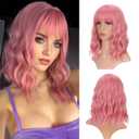 VCKOVCKO 14Inches Loose Wave Bob Wig Wavy Pink Bob Wig with Air Bang Curly Hair Wigs Synthetic Cosplay Party Wigs for Women (14Inches,Solid Pink)