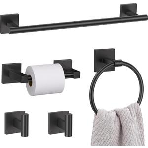 Lairuier 5 Pieces Bathroom Hardware Set Matte Black Towel Bar Set Includes 23.6” Towel Bar, Towel Ring Holder, Toilet Paper Holder and Two Towel Hooks, Bathroom Accessories Set SUS304 Wall Mounted