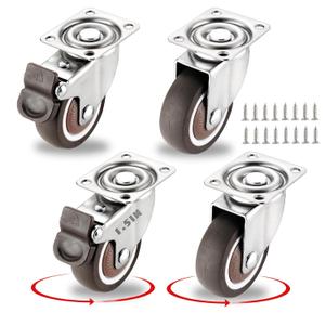 1.5 Inch Caster Wheels for Small Furniture Heavy Duty Casters, Rubber 360 Swivel Casters Set of 4 (2 with Brakes&2 Without), Locking Plate Casters for Carts, Cabinet Moving