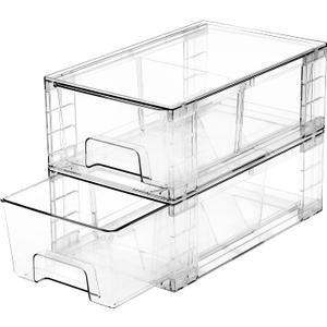 2 Pack Stackable Storage Drawers,Plastic Organizers Bins, Drawers Storage with Handles and Movable Dividers for Organization and Storage in Fridge,Bathroom, Pantry, Kitchen Cabinets, Under Sink