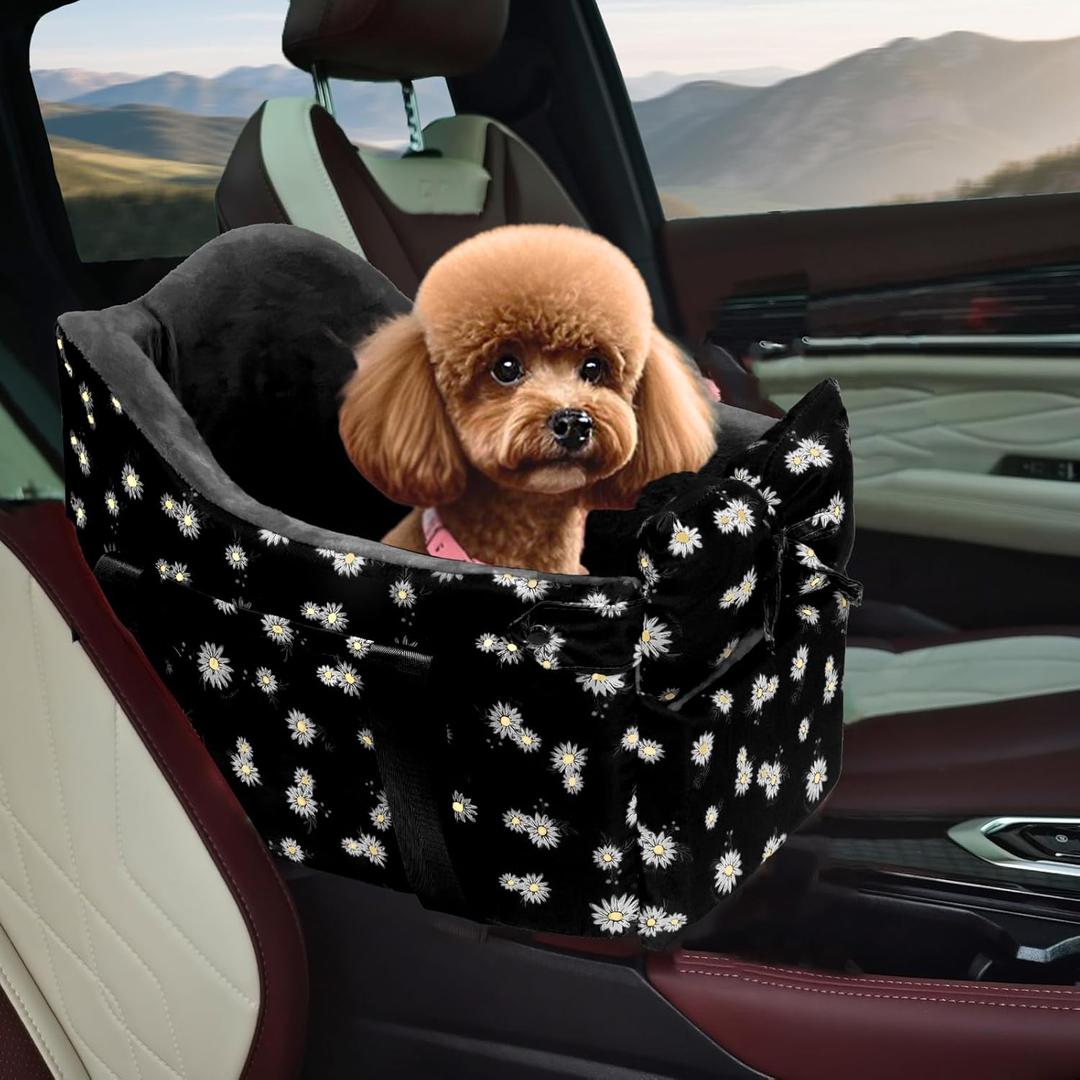 Cullaby Center Console Dog Car Seat for Small Dogs Chihuahua or Yorkie Anti-Anxiety Anti-Collapse Booster Armrest Pet Bed | Secure Portable Seat for Compact Cars (Black, Up to 11 lbs)