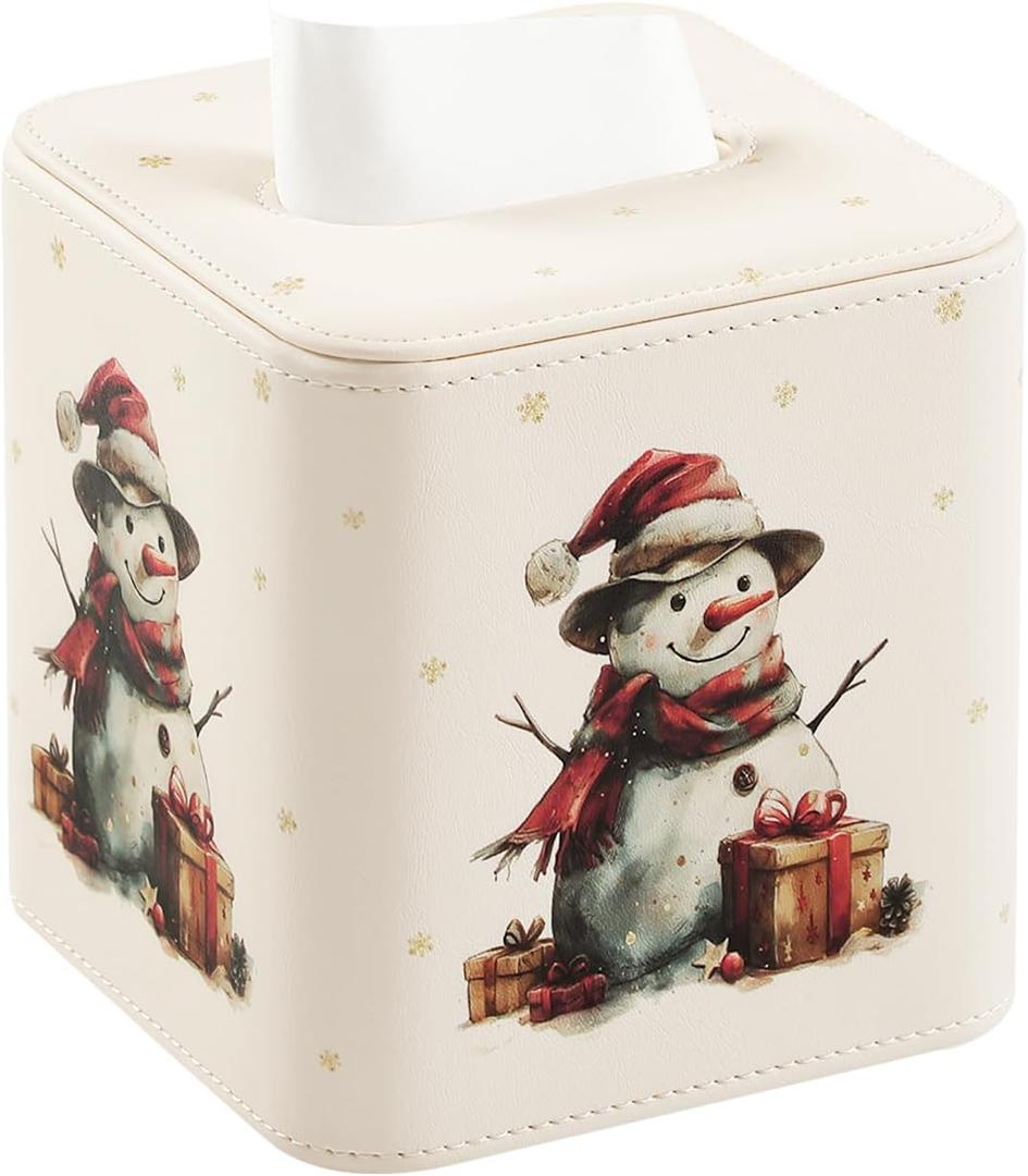 PU Leather Tissue Box Cover with Magnetic Closure, Square Tissue Box Holder with Rounded Edges Design (Snowman, Square)