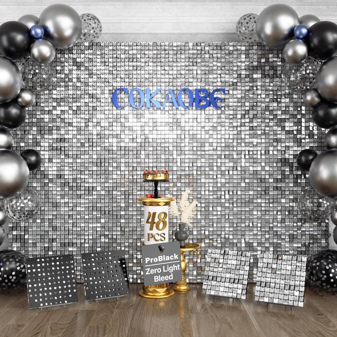 COKAOBE ProBlack Series Shimmer Wall Backdrop 48 Pcs, Silver Square Sequin Glitter Backdrop Panel, Black Back Not See-Through Design, Perfect for Birthday Graduation Wedding and Party Decoration