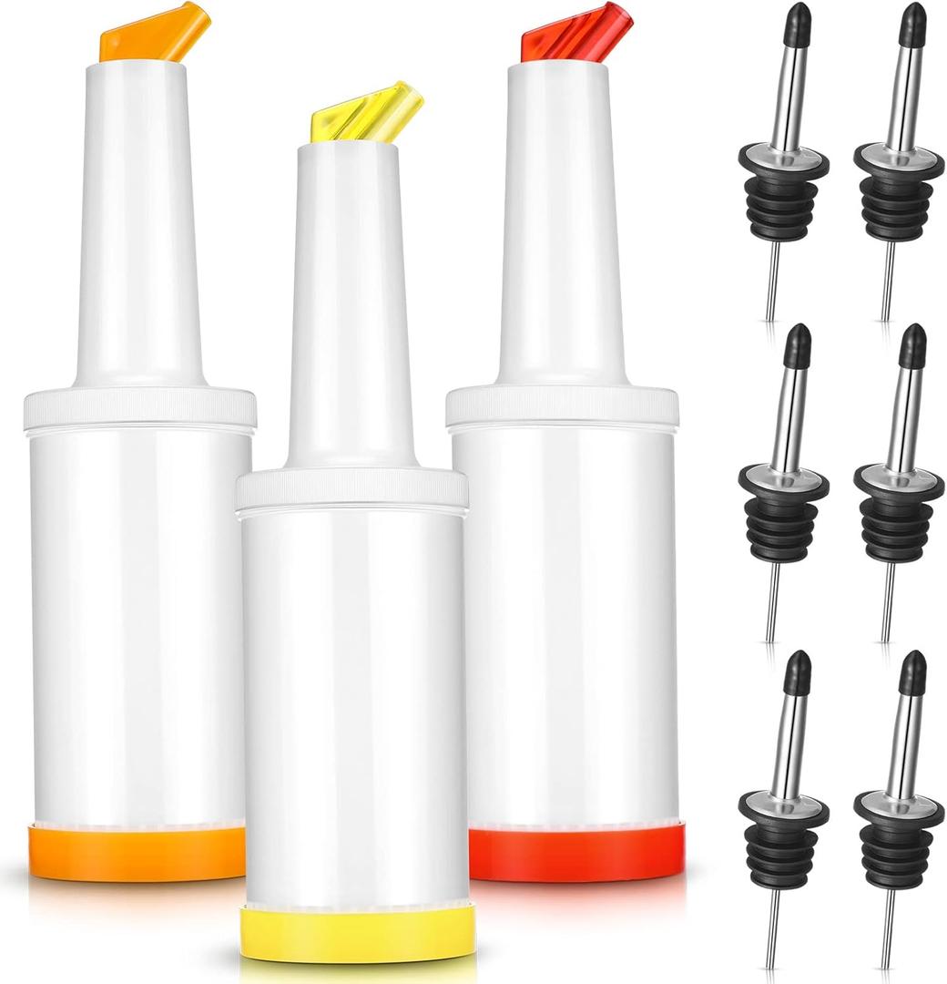 Chengu Fruit Juice Pour Bottles 34 oz Plastic Liquor Bar Supplies with Stainless Steel Bottle Pourer Tapered Spout for Cocktail Bartending Liquor Juice Store(Bright Colors,3 Pack)