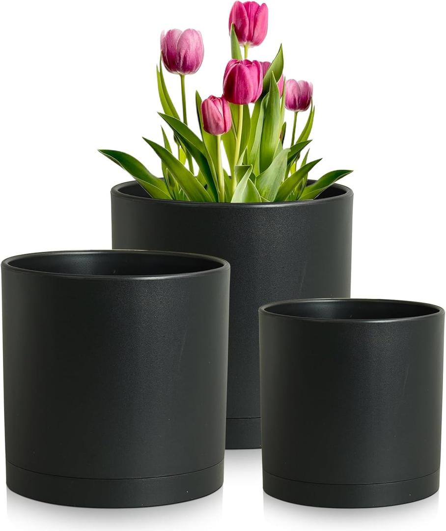 Meowell 8/7/6 inch Plant Pots, 3 Set Cylinder Flower Pots for Outdoor Indoor Plants, Decorative Plastic Planters with Drainage Holes and Saucers for Garden House Plants, Black