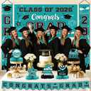 2026 Graduation Decorations, Teal Graduation Decorations Set with Congrats Grad Banner & Backdrop, Porch Sign, Hanging Swirls, Balloons, Honeycomb Centerpieces for Congrats Grad Party Decorations