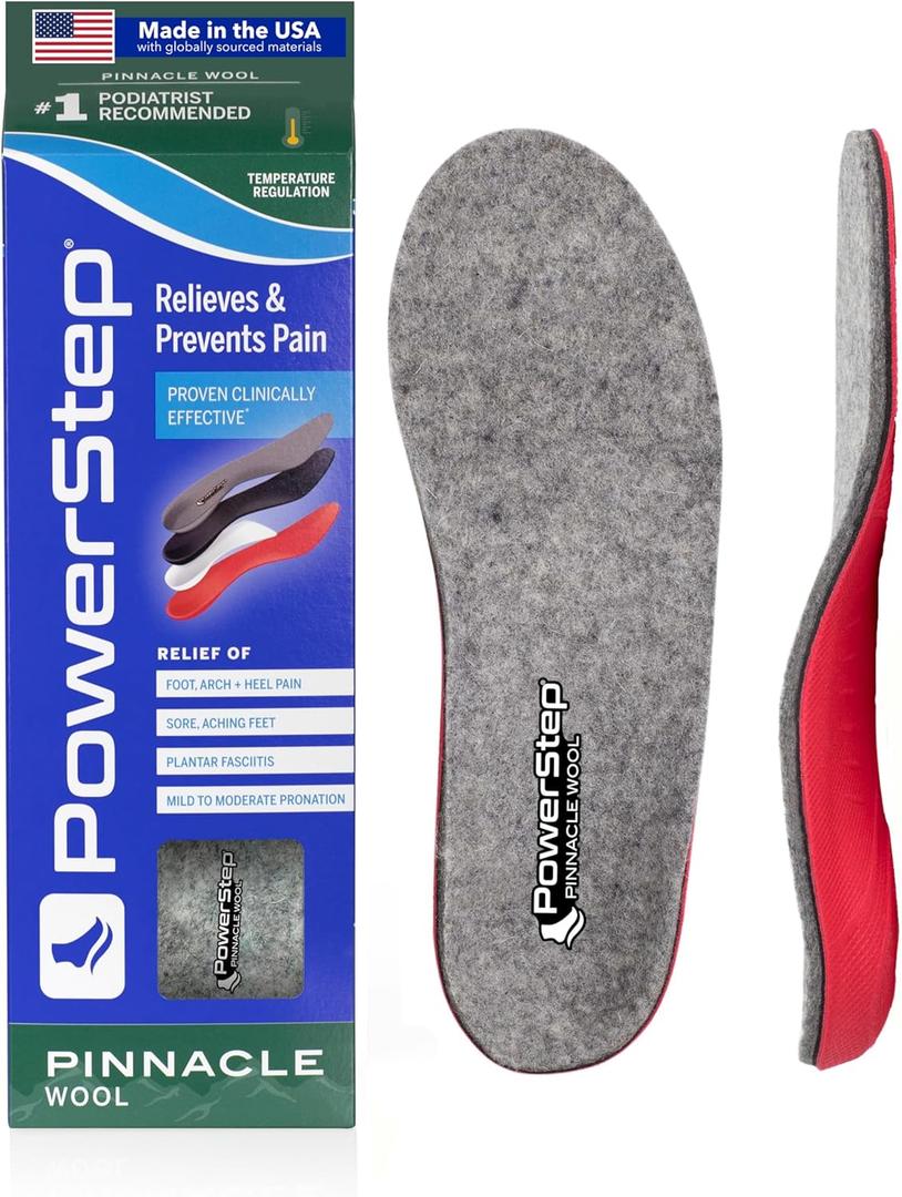 PowerStep Pinnacle Wool Orthotic Insoles, Arch Support, Temperature Control Insoles, Plantar Fasciitis Pain Relief, Mild Pronation, Unisex, Made in the USA (Men's 6-6.5 / Women's 8-8.5)