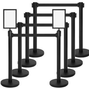 Therwen 8 Pcs Crowd Control Stanchions Set and Stanchion Post Sign Holders Crowd Control Barrier with 8.2 ft Retractable Belt Easy to Assemble Line Dividers Queue Ropes and Poles (Black)