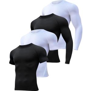HOPLYNN 4/5 Pack Workout Compression Shirts Men Long/Short Sleeve Rash Guard Athletic Undershirt Gear T Shirt for Sports (Small, 2 Black 2 White)