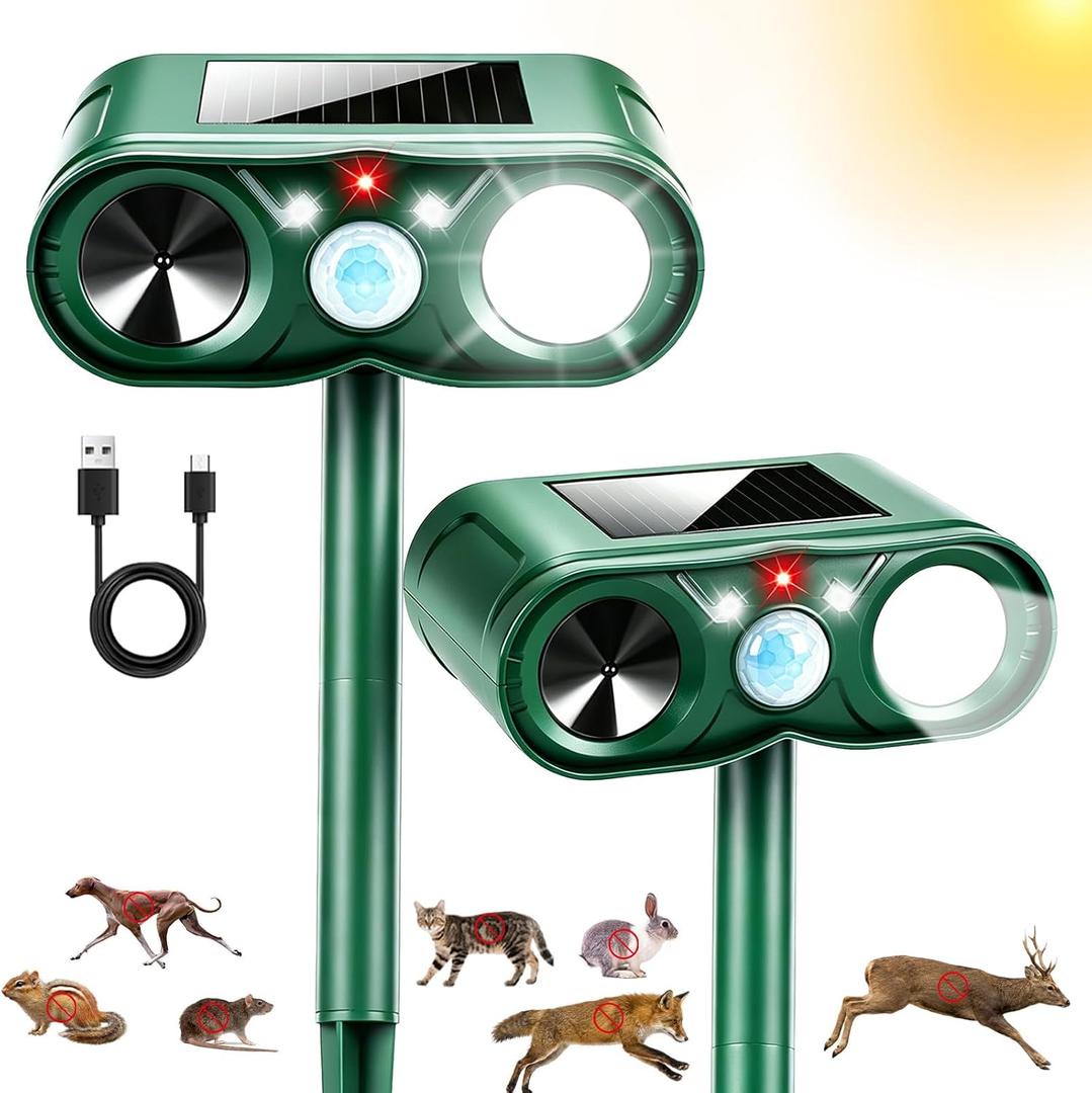 2Pack Upgraded Sonic Fortress Pro Deer Repellent Solar Ultrasonic Animal Repellent Outdoor Cat Deterrent with Motion Sensor Strobe Light for Skunk Rabbit Raccoon Squirrel Fortress Pro for Yard Garden