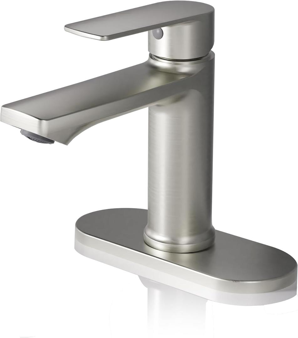 BELZ Brushed Nickel Bathroom Faucet, Modern Single Handle One Hole Bath Vanity Sink Faucet with Pop Up Drain and Deck Plate for 1 or 3 Holes