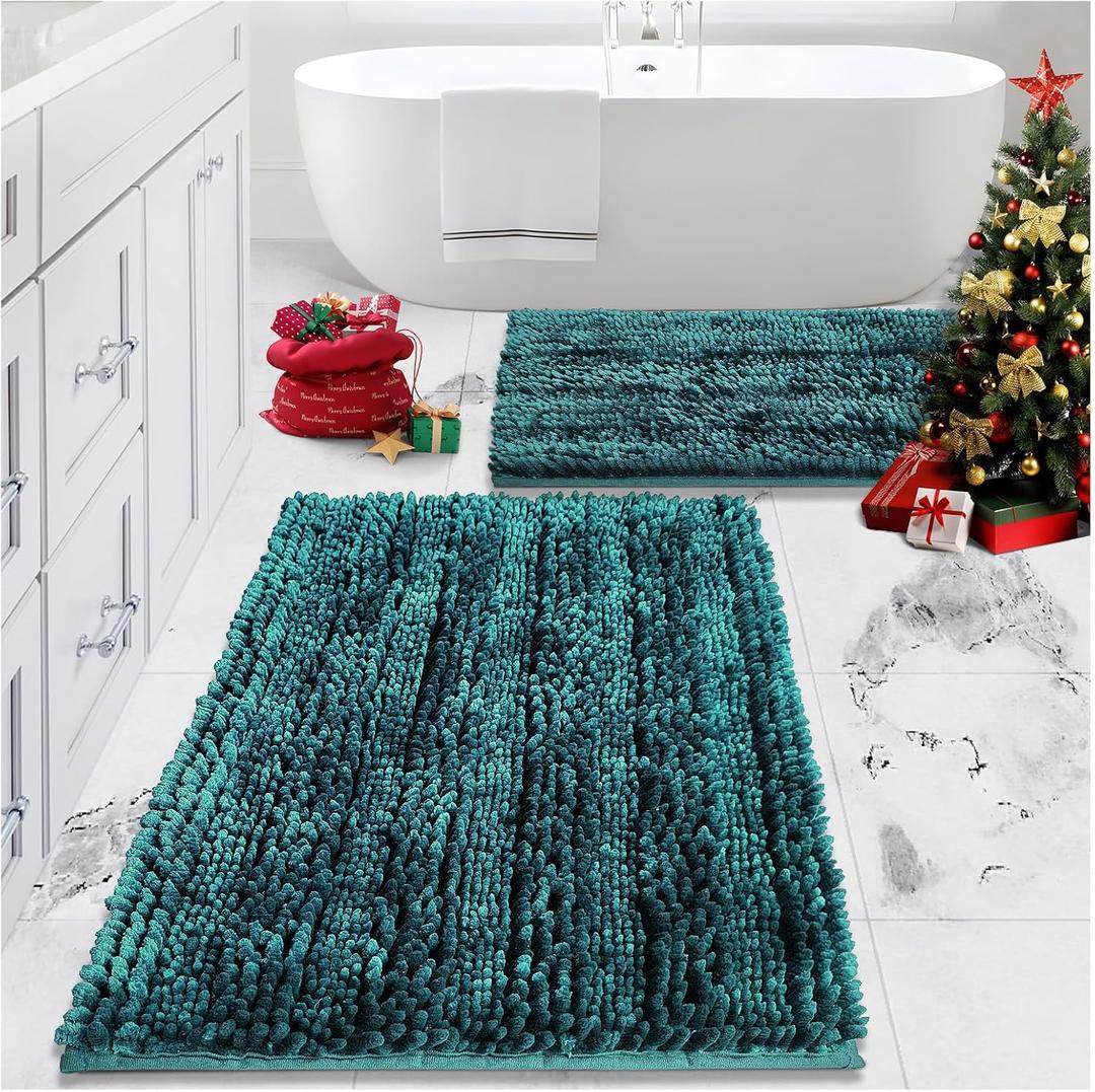 Civkor Bathroom Rugs Sets 2 Piece Dark Teal, Bath Mats for Bathroom Non Slip Washable, 31x20 and 24x16 Inches Luxury Shiny Chenille Bath Rugs, High Absorbent Water and Quick Dry for Doormat