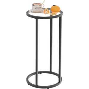 Heakrit C Shaped Side End Table, Round Glass Side Table Nightstand for Small Spaces, Small Round Drink Snack Accent Martini Table for Living Room Bedroom (Black)