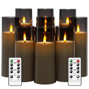 kakoya Flickering Flameless Candles Battery Operated with Remote and 2/4/6/8 H Timer Plexiglass Led Pillar Candles Pack of 9 (D2.3 xH 6" 7" 8") with Realistic Moving Wick Candles for Home Decor(Grey)