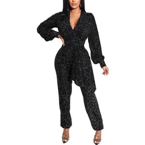 DinyIn Women's Sparkly Jumpsuits Clubwear One Piece Deep V Neck Long Sleeve Pants Rompers with Belt (X-Large)