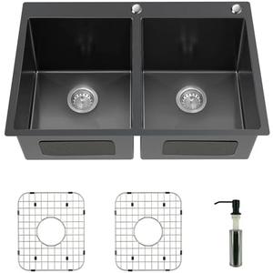 Black Double Bowl Sink - 50/50, 33x22x9-Inch Topmount - Stainless Steel - Drop In - Includes Sink Grid, Soap Dispenser, Drain Strainer
