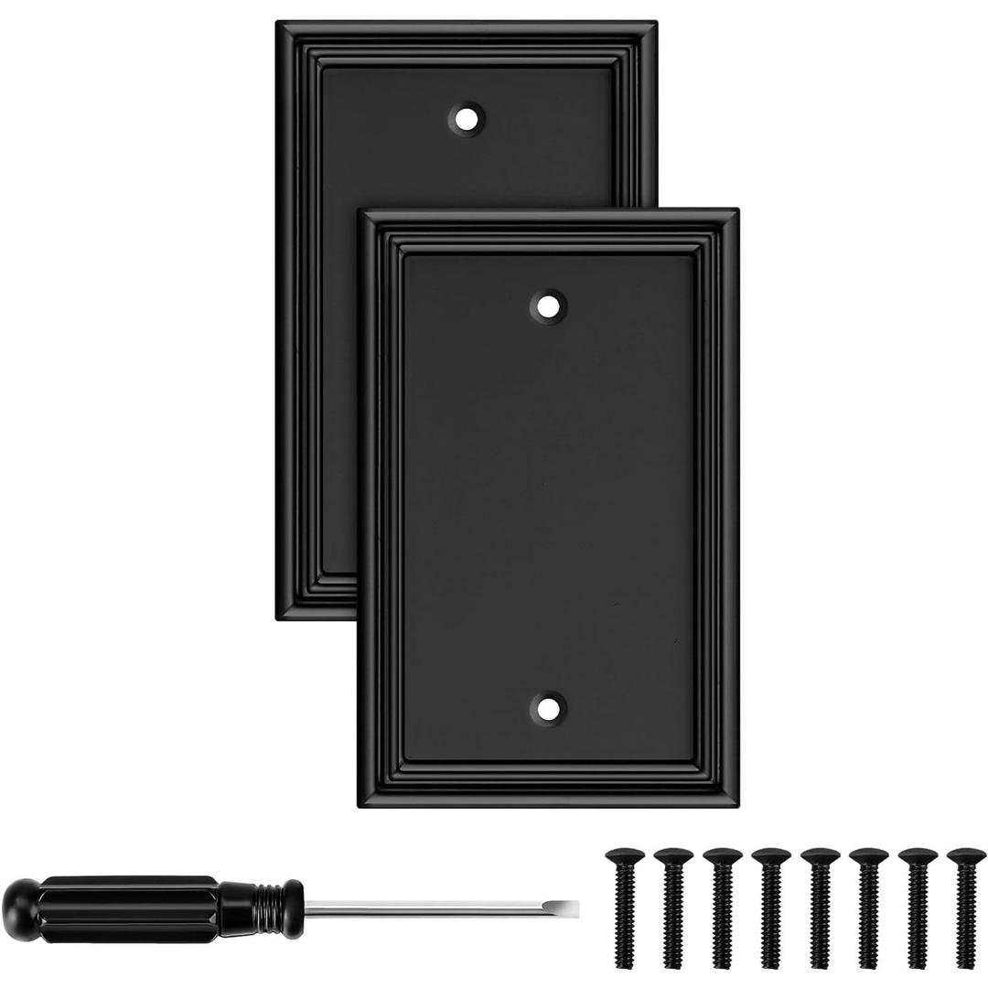 Black Modern Decorative Wall Plate Light Switch Cover Decorator Outlet Covers Rocker Switch Plates Bamboo Fiber Material Wall Plates for Kitchen Bathroom (1 Gang Single Blank - 2 Pack)