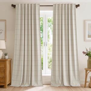 NICETOWN 100% Blackout Plaid Curtains 84 inches Long for Bedroom, Rod Pocket & Back Tab Brighton Windowpane Pattern Window Treatments for Living Room, Taupe, W52 x L84, 2 Panels