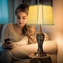28.5'' Tall Farmhouse Vintage Table Lamp Set of 2 with Faux Silk Shade USB Ports Nightlight Decor for Bedside Living Room Bedroom Nightstands Office Home, Dark Bronze(Bulbs Included)