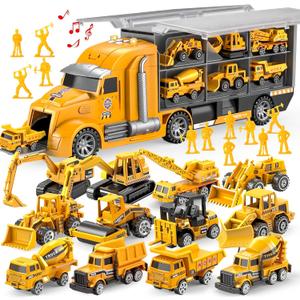 JOYIN 25 in 1 Kids Construction Truck Toy Set, 24Pcs Push and Go Cars and Worker Figures, Toddler Play Vehicles with Sounds and Light, Christmas Birthday Gifts Toys for 3 4 5 6 7 Years Old Grandkids