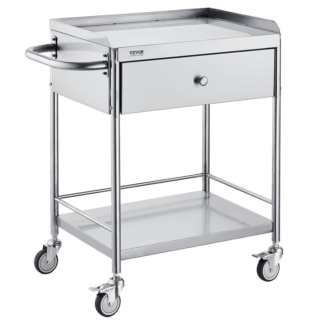 VEVOR Stainless Steel Utility Cart with Wheels - Medical/Dental Lab Cart - 2 Shelves/1 Drawer