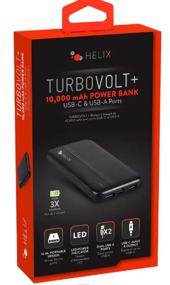 Helix TurboVolt+ 10000 mAh Power Bank - USB-A and USB-C Ports - Black