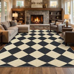 GarveeHome Area Rugs 8x10 for Living Room, Checkered Large Washable Rug Soft Non Slip Backing Floor Mat Carpet Indoor Thin Black Rug for Bedroom Dining Room Playroom Nursery Home Decor