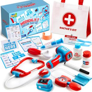 Play-Act Kids Doctor Kit, 16-Piece Medical Kit with Bag, Doctor Role Play Set with Realistic Toy Stethoscope, Reusable Record Cards, Dress Up Playset Easter Birthday Gift for Toddlers Ages 3+