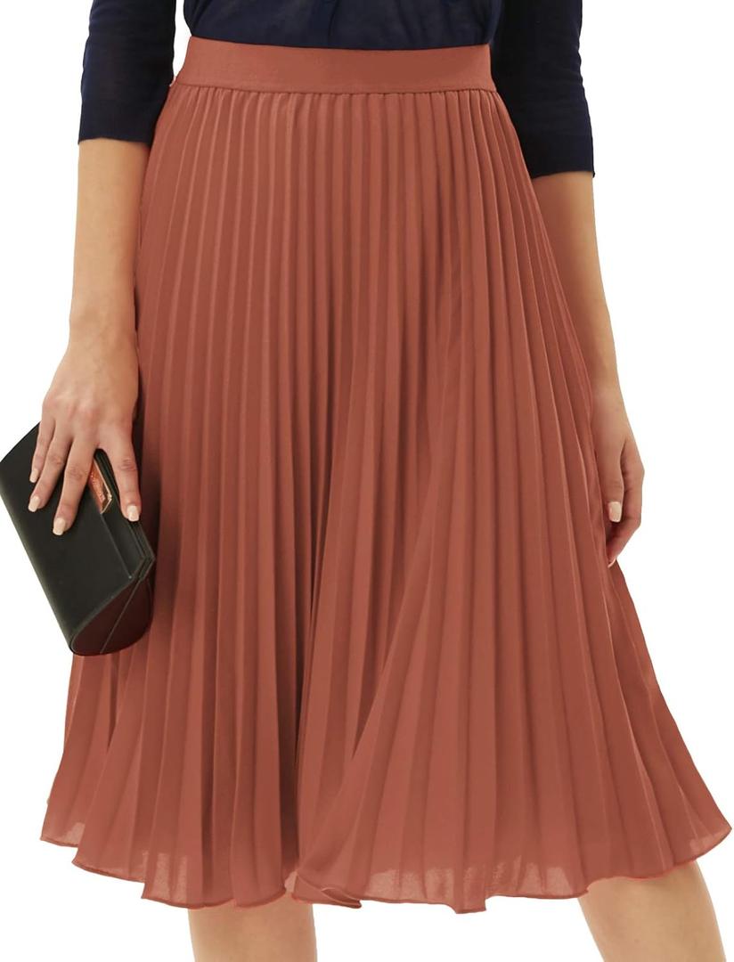 GRACE KARIN Pleated Midi Skirt for Women,Summer Chiffon Elastic High Waist Knee Length Skirts, Swing A-Line Boho Outfits (L)