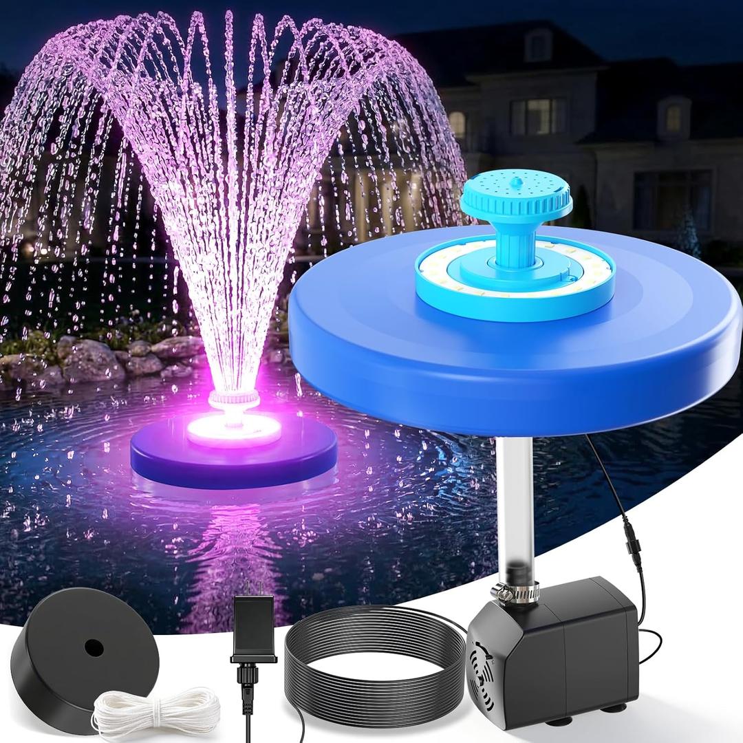 Large Pond Fountain, Floating Pool Fountain with LED Lights, Big Floating Water Fountain Pump, Pond Fountain Aerator with Anchor, Outdoor Pool Water Feature for Pond, Garden (Corded Electric,33FT Cord)