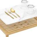 Golener Stone Drying Mat for Kitchen Counter, Dish Drying Pad with Bamboo Rack, Super Absorbent Diatomaceous Earth and Drying Rack, Multi-purpose Quick Drying Mat Rack for Kitchen,16x12,Marble White
