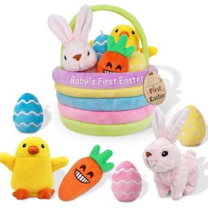 Baby's First Personalized Easter Basket Stuffers Playset, 7ct Stuffed Plush Bunny Chick Carrot Egg for Babies Girls Boys Kids Infant Toddler, Easter Party Gifts, Easter Decorations Party Supplies