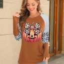 Graphic Shirts Women Pumpkin T Shirt Grateful Blessed Print Long Sleeve Blouse Leopard Striped Fall Tee (S)