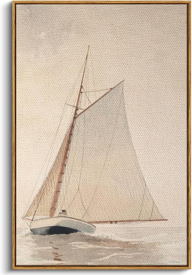 InSimSea Framed Wall Art for Living Room Large Canvas White Sailboat Seascape Watercolor Vintage Painting Coastal Wall Art Prints for Office & Home Decor 24x36in