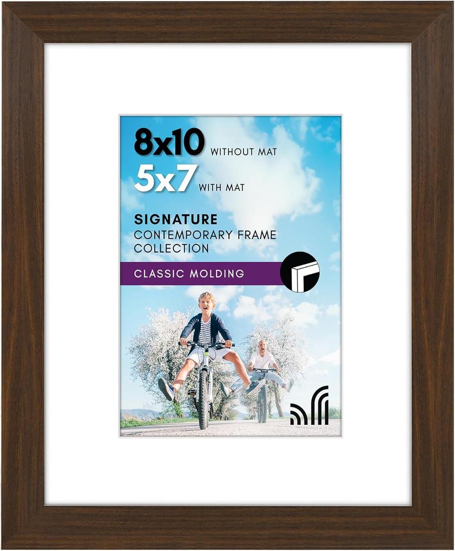 Americanflat 8x10 Picture Frame with Shatter-Resistant Glass - Use as 5x7 Frame with Mat or Display 8x10 Photo Without Mat - Signature Collection - Photo Frames for Tabletop and Wall - Walnut