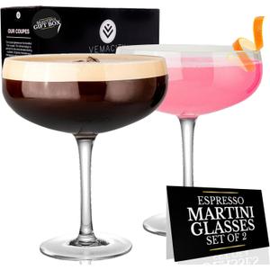 VEMACITY Elegant Espresso Martini Glasses Set of 2 | Classic Coupe Glasses Set of 2 (10oz) | Versatile Coupe Martini Glassware | Great for Champagne, Cosmopolitan, Cosmo, Margarita Glass Sets.