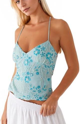 calbatic Women Sequin Cami Top Rhinestone Sparkle Sleeveless V Neck Camisole Open Back Summer Crop Top Party Clubwear M