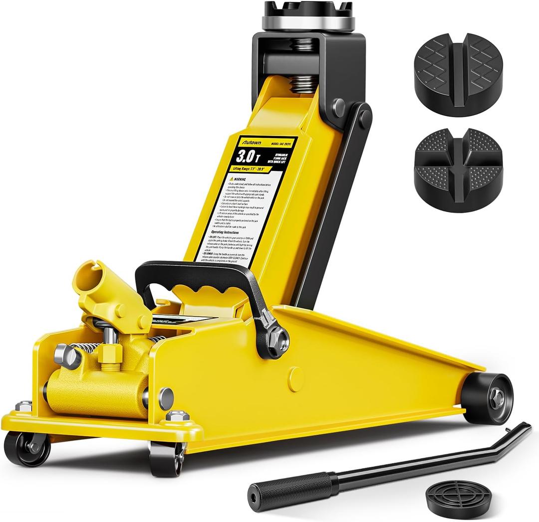AUTOWN 3 Ton (6600 lbs) Floor Jack, Heavy Duty Steel Hydraulic Jack for Car, Low Profile Floor Jack with Rubber Pad, Quick Lift Car Jack with Lifting Range 7.1'' to 20.9'', Yellow