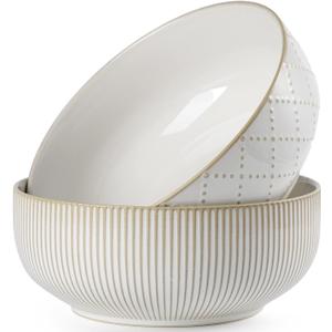 getstar Large Serving Bowls (8 inch & 60 fl oz), Ceramic Salad Bowl Set of 2, Microwave and Dishwasher Safe, Farmhouse Kitchen Decorative Bowls Set (Embossed Checks & Stars)