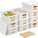 10 Pack Plastic Storage Bins with Lids, Stackable Plastic Storage Baskets for Organizing with Handles, Organizer Bins with Labels for Room, Craft, Containers for Pantry Organizers and Storage (Cream White)