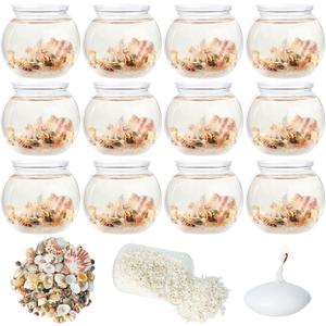 12 Set Beach Themed Party Table Centerpieces with 4" Round Plastic Fish Bowls 20000 Water Beads 200 Mixed Beach Natural Seashell Starfish 1.8kg White Sand for Wedding Baby Shower Ocean Party Supplies