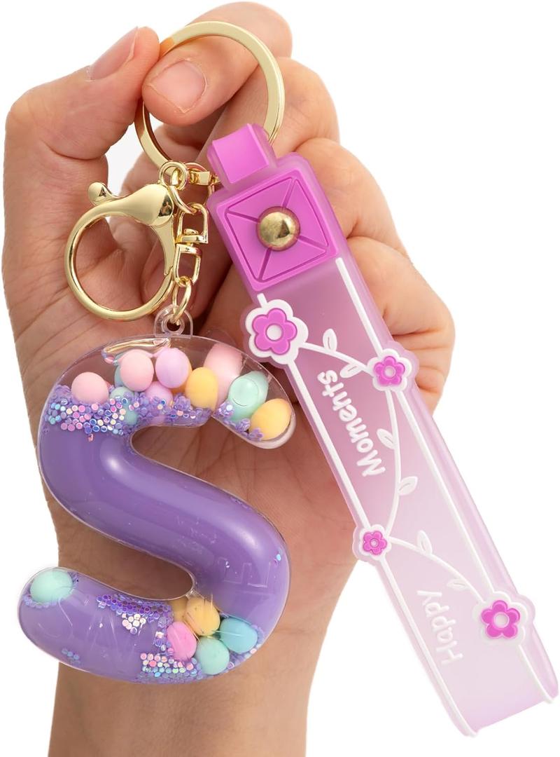 YOU WIZV Donut Keychain, Boba Tea Kawaii Cute Accessories for Backpacks, Comfort Liquid Keychain for Girls, Women, Daughters (Purple Snek Keychain - Letter S)