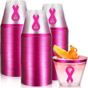 Gejoy 50 Pcs 9 oz Breast Cancer Awareness Cups Pink Rimmed Plastic Cups Disposable Party Tumbler Pink Ribbon Clear Plastic Glass Breast Cancer Party Supplies for Women