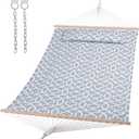 SUNCREAT Double Quilted Hammock with Hardwood Spreader Bar, Extra Large Soft Pillow, Heavy Duty 2 Person Hammock for Indoor, Outdoor, Grey Pattern