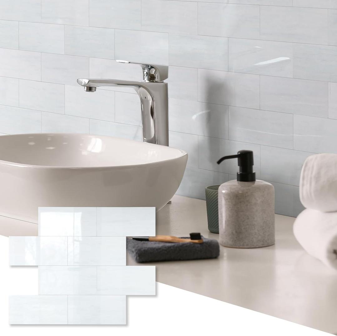 10 Sheets Glossy Dolomite PVC Subway Tiles Peel and Stick Backsplash,12''Heat Resistant Stick on Tiles for Kitchen,Waterproof Peel and Stick Wall Tiles for Bathrrom