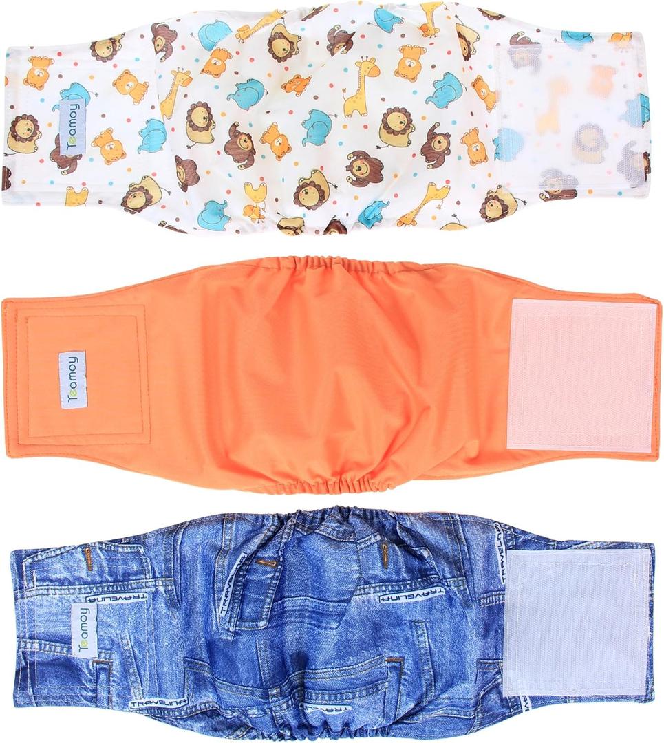 Teamoy Reusable Wrap Diapers for Male Dogs, Washable Puppy Belly Band Pack of 3 (M, 13"-16" Waist, Orange+ Denim+ Fat Smile)
