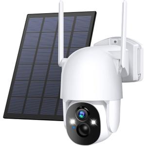Solar Security Cameras Wireless Outdoor, Wireless Cameras for Home/Outdoor Security, 355PTZ, 3MP 2K FHD WiFi Camera with Spotlight, Motion Detection, Siren, Color Night Vision, SD/Cloud (1 Count (Pack of 1), White)
